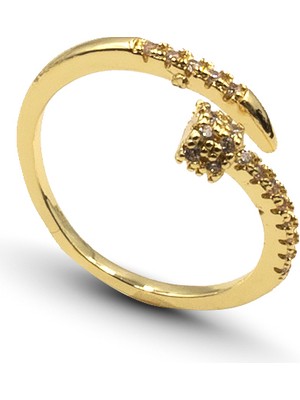 Sose Moda Zirkon Taşlı Çivi Model Ayarlanabilir Yüzük Gold Kararmaz Anti Alerjik