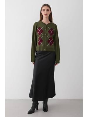 Jaste Kadın Argyle Desenli Düğmeli Triko Kazak HAKİ