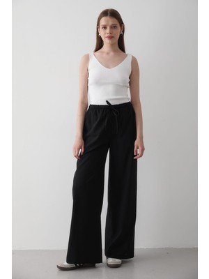 Jaste Kadın Beli Lastikli Bol Paça Palazzo Pantolon SİYAH
