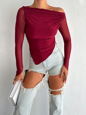 Qutta Kadın Tül Kol Kayık Yaka Asimetrik Sandy Kumaş Uzun Kol Bluz