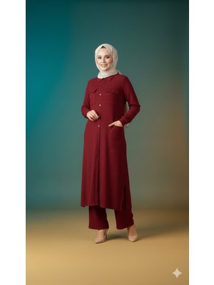 Dikey Çizgili Önü Düğmeli Ikili Takım