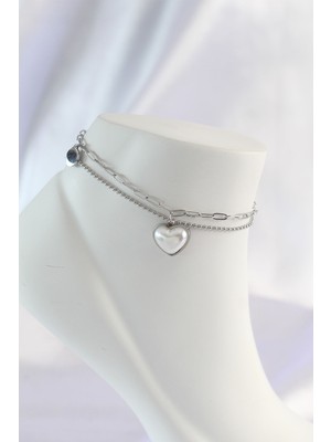 Mustran 316L Çelik Gümüş Renk Beyaz Kalpli 2li Halhal