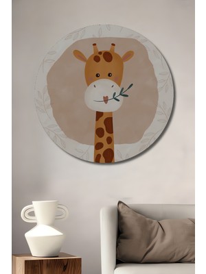 Teona Ahşap Sevimli Zürafa Sulu Boya Görünümlü Ahşap Dekoratif Tablo Yuvarlak Duvar Tablosu