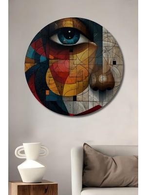 Teona Ahşap Soyut Yüz Portresi Yağlı Boya Görünümlü Ahşap Dekoratif Tablo Yuvarlak Duvar Tablosu