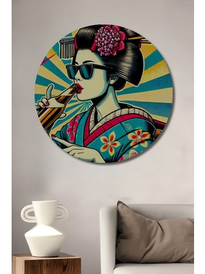 Teona Ahşap Serin Geisha Bira Molası Yağlı Boya Görünümlü Ahşap Dekoratif Tablo Yuvarlak Duvar Tablosu