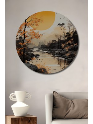 Teona Ahşap Büyük Gün Batımı ve Dere Manzarası Sulu Boya Görünümlü Dekoratif Ahşap Tablo Yuvarlak Duvar Tablosu