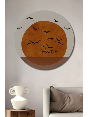 Teona Ahşap Sürü Halinde Uçan Kuşlar ve Gün Batımı Soyut Sanat Ahşap Dekoratif Tablo Yuvarlak Duvar Tablosu