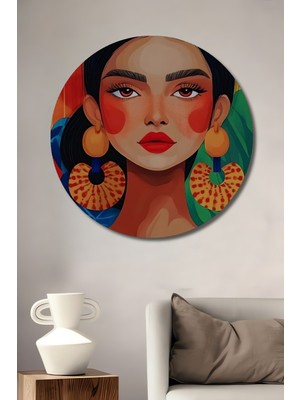 Teona Ahşap Kadın Portresi Dijital Baskı Yağlı Boya Görünümlü Ahşap Dekoratif Tablo Yuvarlak Duvar Tablosu