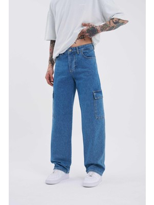 Machinist Erkek Yıkamalı Kargo Cepli Baggy Fit Jean Pantolon Koyu Mavi