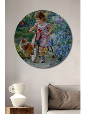 Teona Ahşap Çocuk ve Kedi Ile Bisikletli Tatlı Kız Yağlı Boya Görünümlü Tablo Yuvarlak Duvar Tablosu
