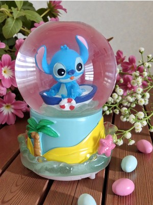 Ayder Online Satış Işıklı 10CM-8CM -Mavi Renk ( Sarı Altlık) Stitch Kar Küre