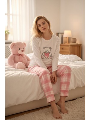 Burcumay Kadın Ayıcıklı Nakışlı Kalpli Pamuklu Uzun Kollu Mevsimlik Sevgililer Günü Hediyesi Pijama Takımı