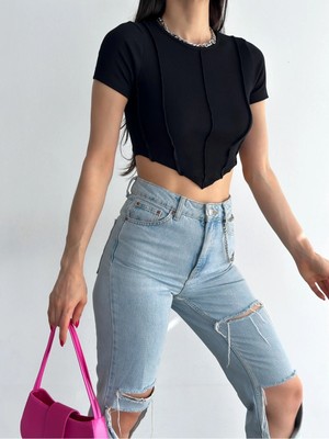 Qutta Kadın Kısa Kollu Ters Dikişli Kadın Fitilli Crop Bluz