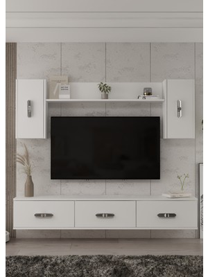 Demonte Decor 1364TV180-32DD Duvara Montaj Tv Sehpası, Tv Ünitesi Beyaz-Gümüş