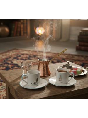 Decorium Istanbul Kız Kulesi ve Galata 85 ml 4 Parça 2 Kişilik Porselen Kahve Fincan Takımı 9-01120258