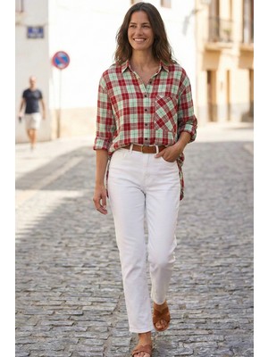 3718 Cep Detaylı Relax Kalıp Ekose Kadın Pamuk Gömlek Kırmızı-Yeşil