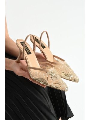 Dabab Shoes Perıe Bej Kadın 7 cm Ince Topuklu Sivri Burunlu Boncuklu Incili Bantlı Abiye Gelin Nişan Düğün Ayakkabı