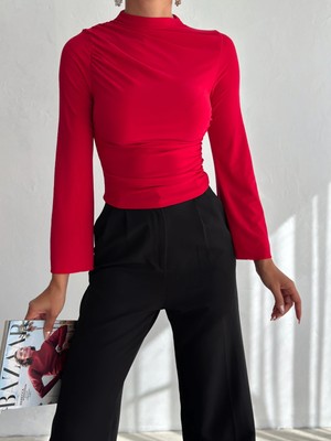 Qutta Kadın Dik Yaka Ispanyol Kol Omuz ve Yan Büzgülü Uzun Kol Bluz