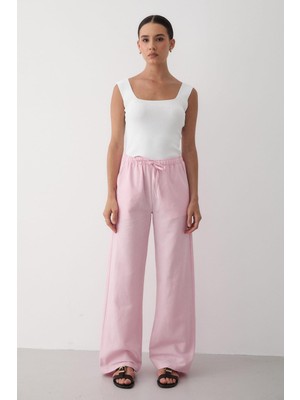Jaste Kadın Beli Lastikli Bol Paça Palazzo Keten Pantolon