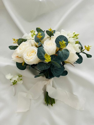 Beyaz Gelin Buketi - Okaliptus & Yasemin Detaylı Gelin Buketi