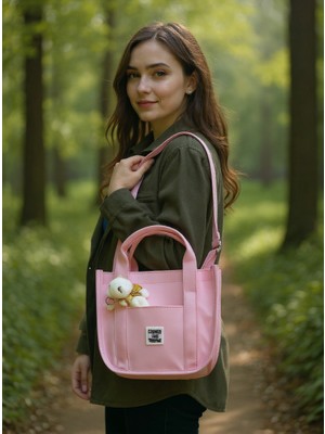 Mefehe Pudra Buzi Kumaş Ayıcıklı Kolon Askılı Çapraz El ve Omuz Çantası