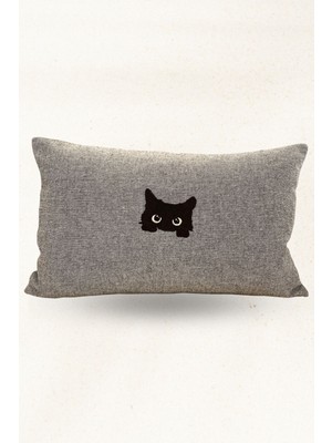 %100 Keten Nakışlı Dekoratif Yastık – Siyah Kedi Desenli Dolgulu Kırlent