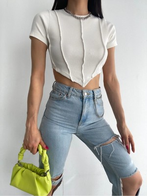 Qutta Kadın Kısa Kollu Ters Dikişli Kadın Fitilli Crop Bluz