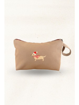 Keten Kumaş Nakış Detaylı Küçük El & Makyaj Çantası – Köpek Figürlü 20X30 cm