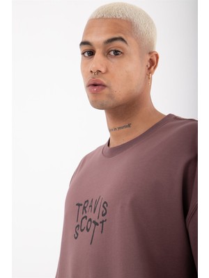 Machinist Oversize Astroworld Baskılı Pamuklu Tişört Mürdüm