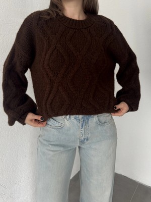 Asfa Moda Kadın Kahverengi Saç Örgü Triko Kazak Bisiklet Yaka Kışlık