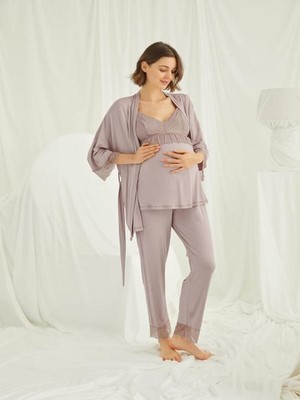 Monamise Kadın, Vizon, %94 Viskon %6 Elastan, Dantelli Hamile / Lohusa 3'lü Pijama Tk.