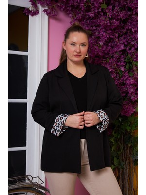 Rmg Kol Leopar Desenli Astarlı Büyük Beden Ceket Siyah1