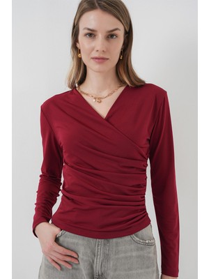 Hiccup Kadın Bdart Kruvaze Yaka Büzgü Detaylı Uzun Kollu Bluz Bordo Kırmızı