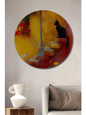 Teona Ahşap Siyah Kedi Renkli Merdiven Yağlı Boya Görünümlü Dekoratif Ahşap Tablo Yuvarlak Duvar Tablosu