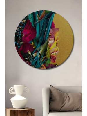 Teona Ahşap Tropikal Bahçe Kelebek Yağlı Boya Görünümlü Ahşap Dekoratif Tablo Yuvarlak Duvar Tablosu