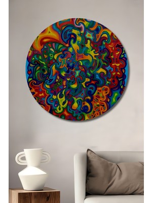 Teona Ahşap Renkli Soyut Desenli Yağlı Boya Görünümlü Ahşap Dekoratif Tablo Yuvarlak Duvar Tablosu