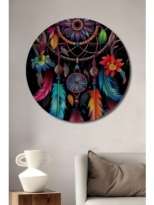 Teona Ahşap Rüya Yakalayıcı Desenli Yağlı Boya Görünümlü Ahşap Dekoratif Tablo Yuvarlak Duvar Tablosu
