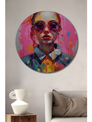 Teona Ahşap Renkli Gözlük Modası Kadın Portresi Yağlı Boya Görünümlü Dekoratif Ahşap Tablo Yuvarlak Duvar Tablosu