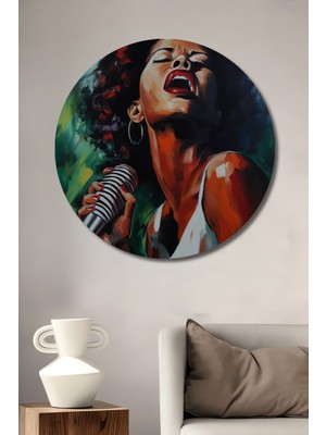 Teona Ahşap Sahne Işığı Caz Divası Yağlı Boya Görünümlü Ahşap Dekoratif Tablo Yuvarlak Duvar Tablosu