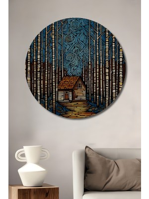 Teona Ahşap Orman Evi Sulu Boya Görünümlü Ahşap Dekoratif Tablo Yuvarlak Duvar Tablosu