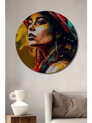 Teona Ahşap Modern Kadın Portresi Yağlı Boya Görünümlü Ahşap Dekoratif Tablo Yuvarlak Duvar Tablosu