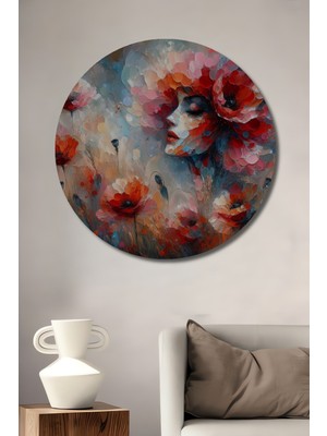 Teona Ahşap Büyülü Gelincik Tarlası Kadın Portresi Yağlı Boya Görünümlü Soyut Sanat Ahşap Dekoratif Tablo Yuvarlak Duvar Tablosu