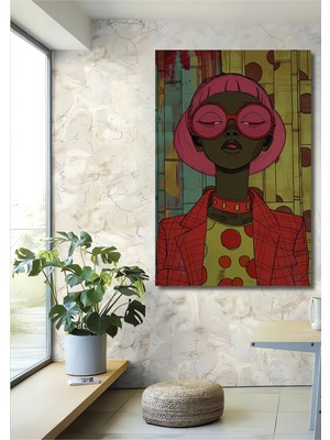 Teona Ahşap Bohem Tarz Pembe Saçlı Kadın Dijital Baskı Ahşap Ev,antre,salon,ofis,mutfak,yatak Odası Tablo