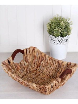 Storemax Kosova Wicker Serisi Bezli Diktördgen Ahşap Kulplu Hasır Ekmek Sepeti