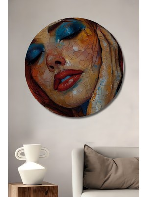 Teona Ahşap Büyüleyici Kadın Portresi Yağlı Boya Görünümlü Ahşap Dekoratif Tablo Yuvarlak Duvar Tablosu