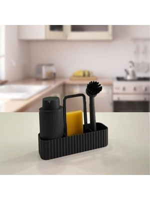 Storemax Modern Mutfak Düzenleyici Set, Sıvı Sabunluk, Fırçalık, Süngerlik ve Bez Askılık, (Siyah)