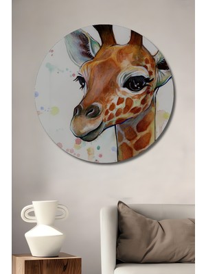 Teona Ahşap Sevimli Zürafa Sulu Boya Görünümlü Ahşap Dekoratif Tablo Yuvarlak Duvar Tablosu