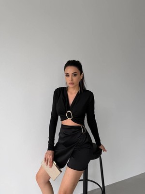 Elaxi Kadın Dalgıç Kumaş Tokalı Vatkalı Crop Bluz