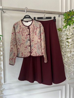 Trendparis Etnik Desenli Şık Dalgıç Kumaş Ceket & Etek Ikili Takım