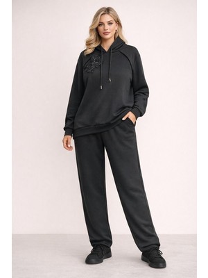 Rmg Çiçek Aplikeli Büyük Beden Kapüşonlu Eşofman Takımı Siyah